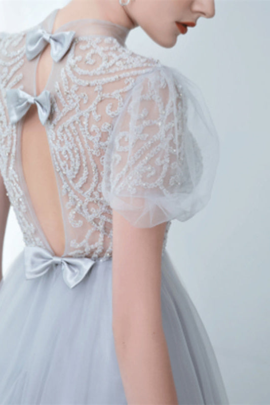 Grey Tulle Evening Dress with Bowknot and High Collar Appliques