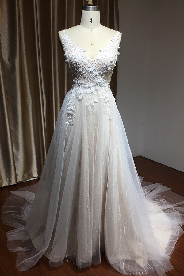 A-line Wedding Dress with Straps Floral Appliques & Split Backless