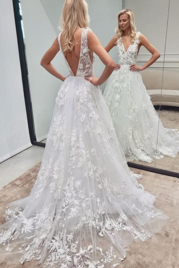 Elegant Long A-line V-neck Tulle Lace Backless Wedding Dress