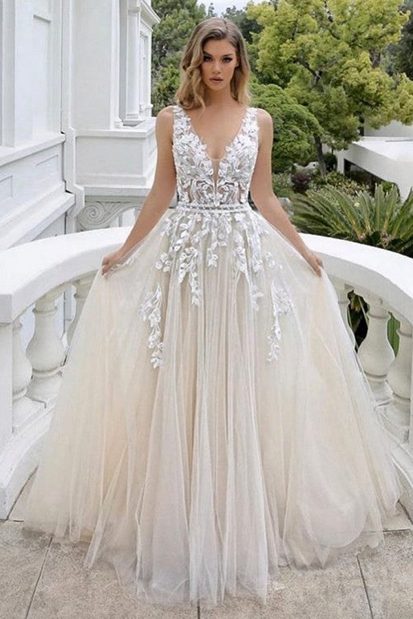 A-line V-neck Sleeveless Backless Wedding Dress with Lace Tulle - Luxury Long
