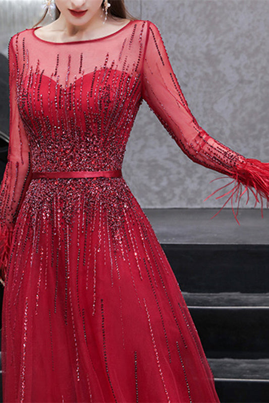 Red Evening Dress with Feather & Sequins - On Sale Now!