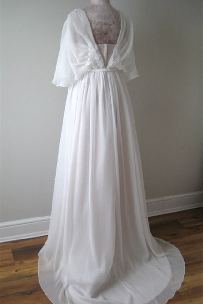 A Line Chiffon Lace Boho V Neck Wedding Dress With Belt