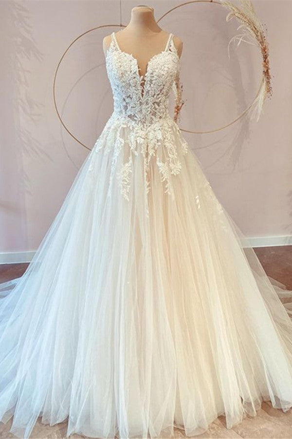 Classy Long Princess Sweetheart Lace Wedding Dress With Tulle Appliques