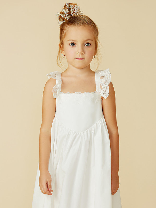 Sleeveless A-Line Flower Girl Dress with Lace and Pleats