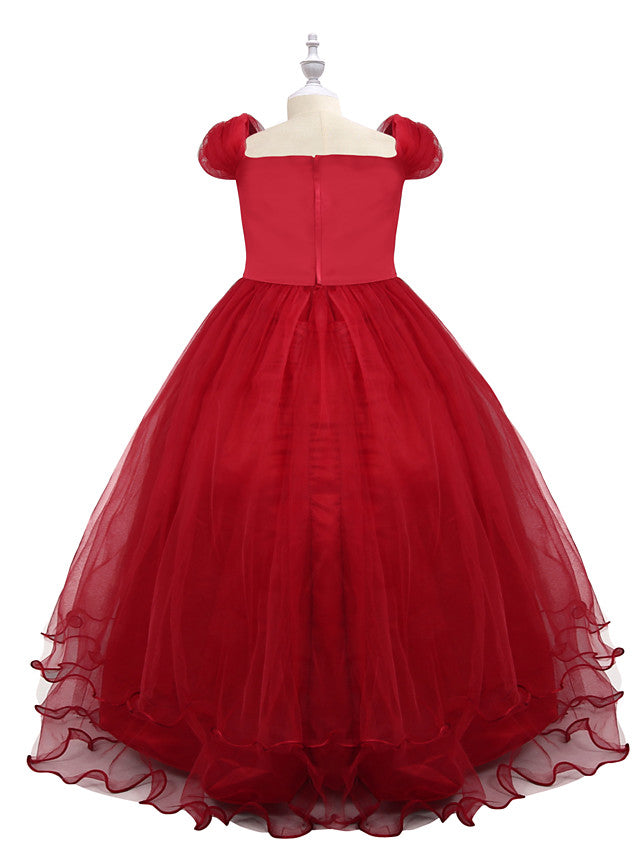 Short Sleeve Boat Neck Chiffon Tulle Flower Girl Dress with Beading Appliques & Paillette