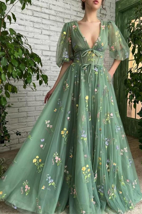 Aqua Evening Dress with Half Sleeves and Embroidery Flowers