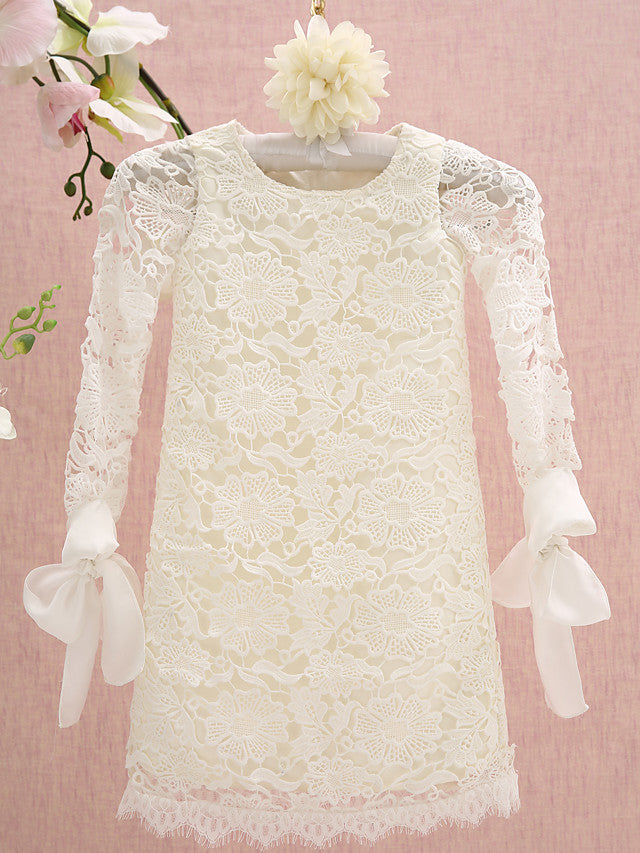 Knee Length Long Sleeve Column Flower Girl Dress with Lace Jewel Neck