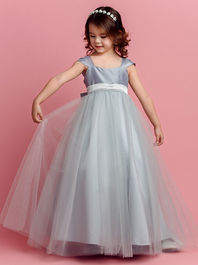 Short Sleeve Square Neck Ball Gown Pageant Dress with Taffeta Tulle Sash Ribbon & Bow
