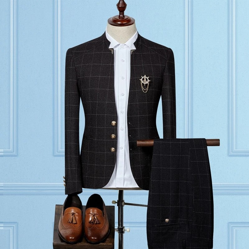 2 Piece Classic Black & Plaid Wedding Suits For Groom & Groomsmen