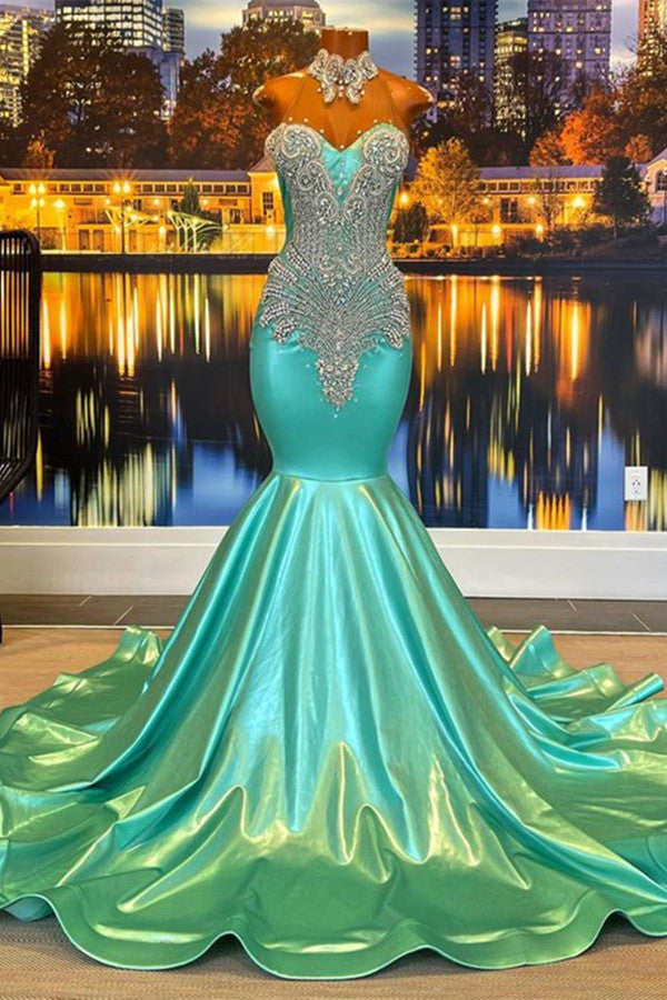 Chic Sleeveless Jade Prom Dress With Appliques & Beading