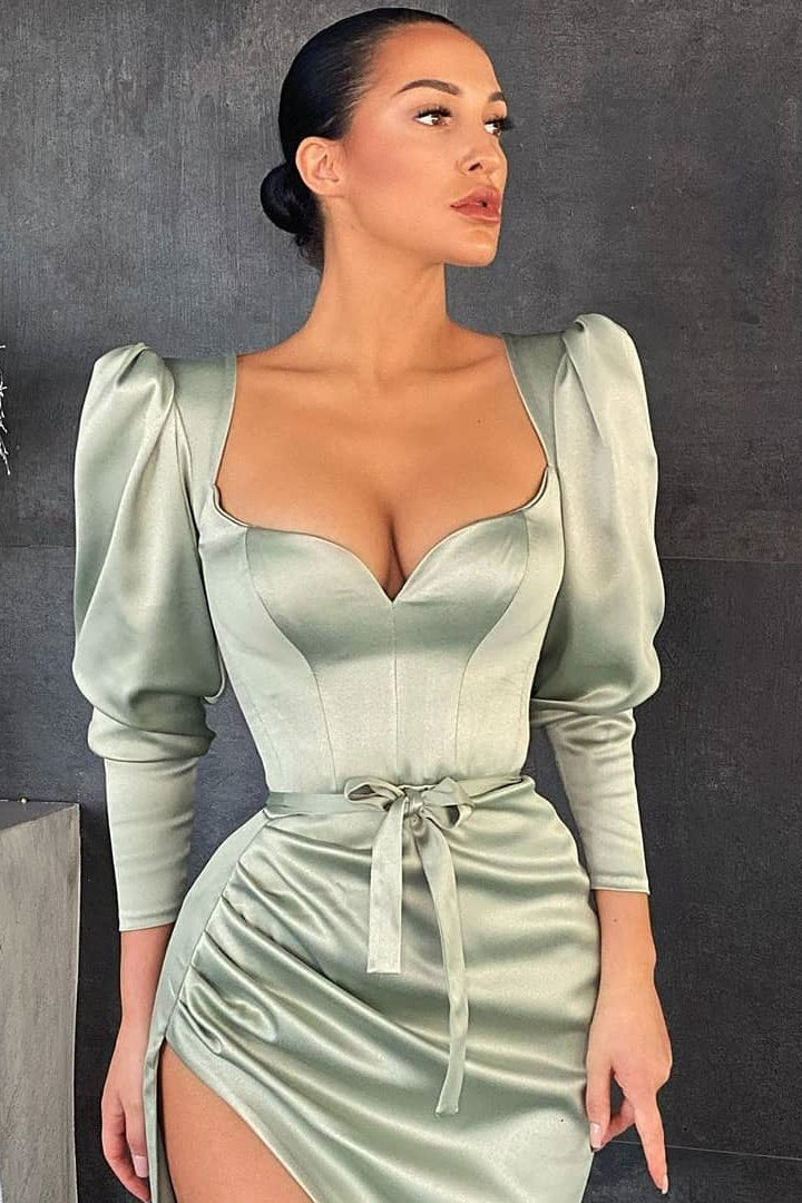 Dusty Sage Long Sleeves Split Prom Dress