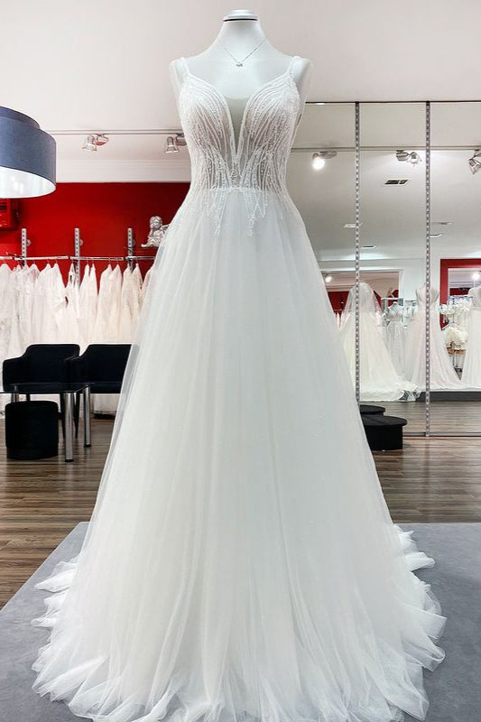 A-line Tulle Wedding Dress with Sequins Ruffles and Long V-neck Backless Style