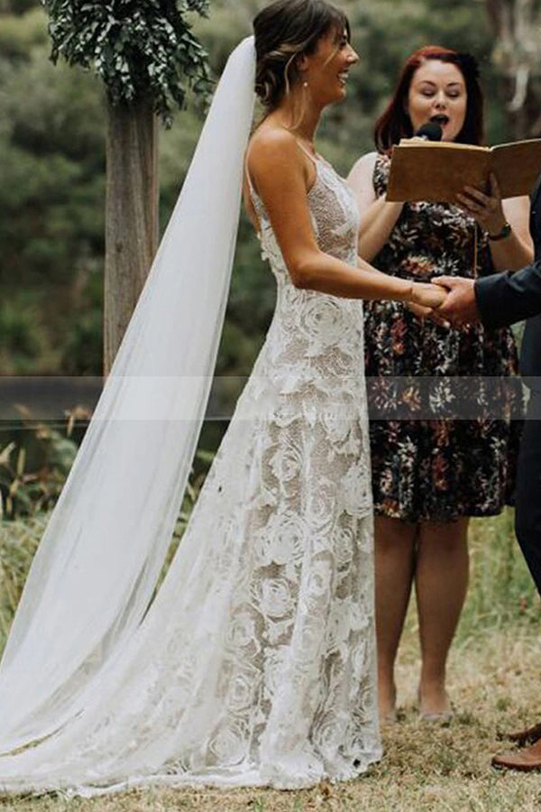 Charming A-line Wedding Dress with Lace Spaghetti Straps and Backless Design