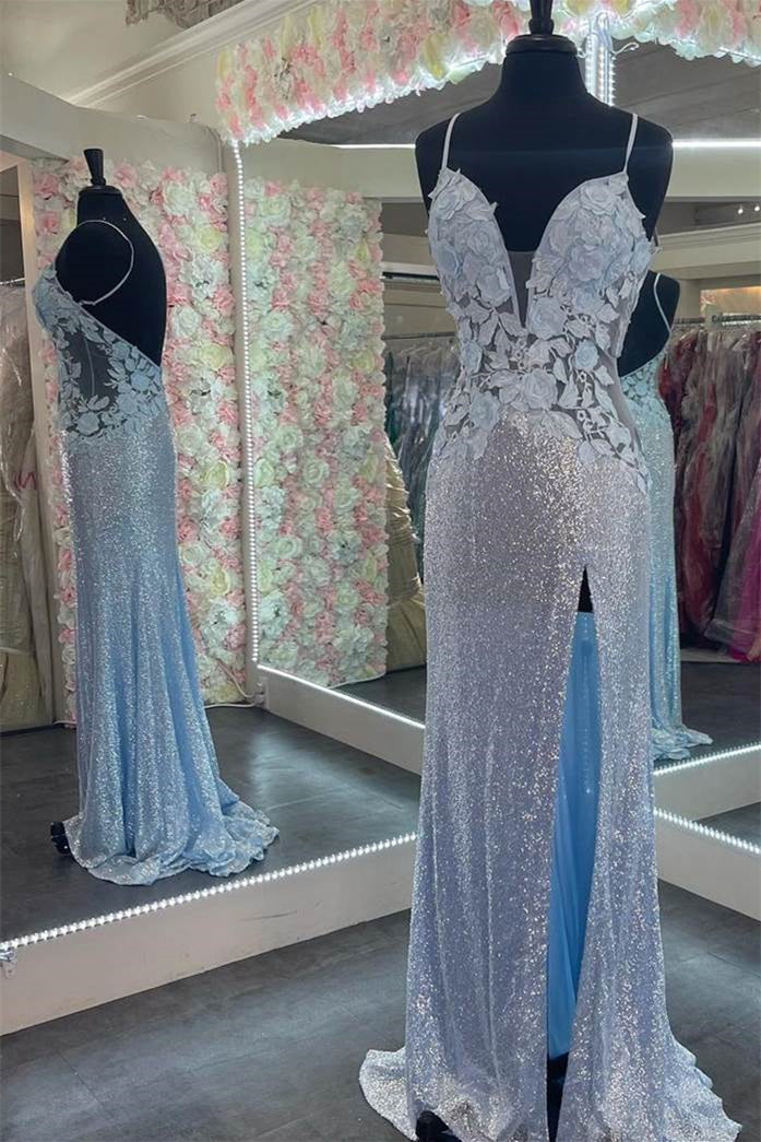 Charming V Neck Mermaid Prom Dress with Appliques Split