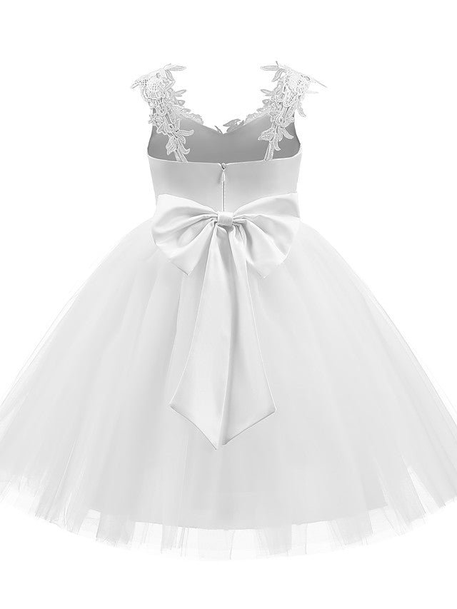 V Neck Short Length Flower Girl Dress with Bow Appliques in Taffeta Tulle