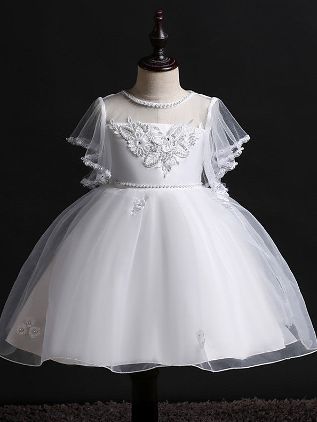 Princess Midi Dress for Weddings & Birthdays: Satin Tulle Jewel Neck with Bow(s) Pearls & Beading