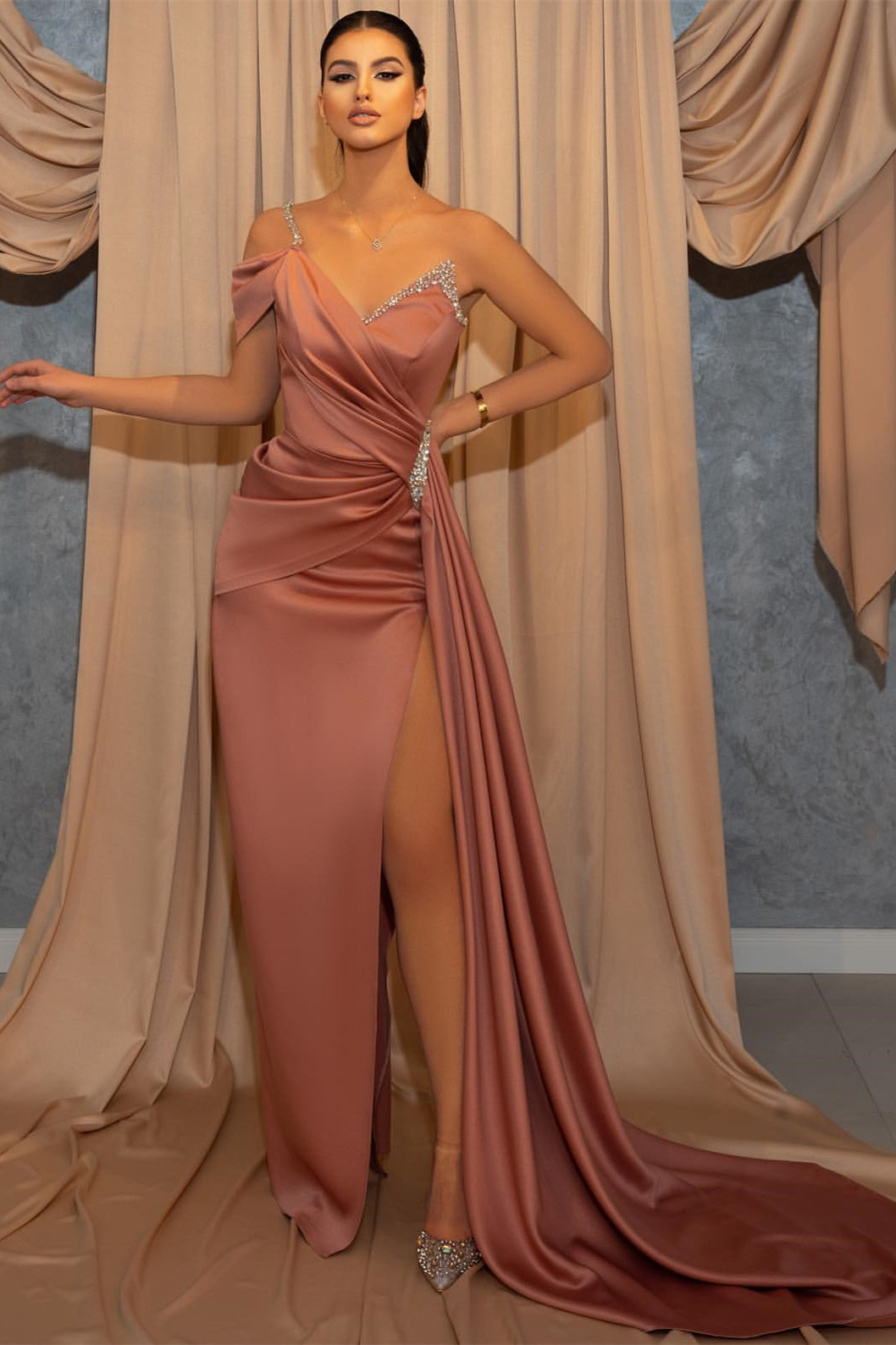Mermaid One Shoulder Beaded Slit Prom Dress with Ruffles