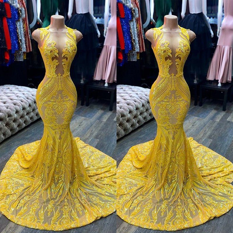 Mermaid Yellow Sequins Prom Dress with Sleeveless Design