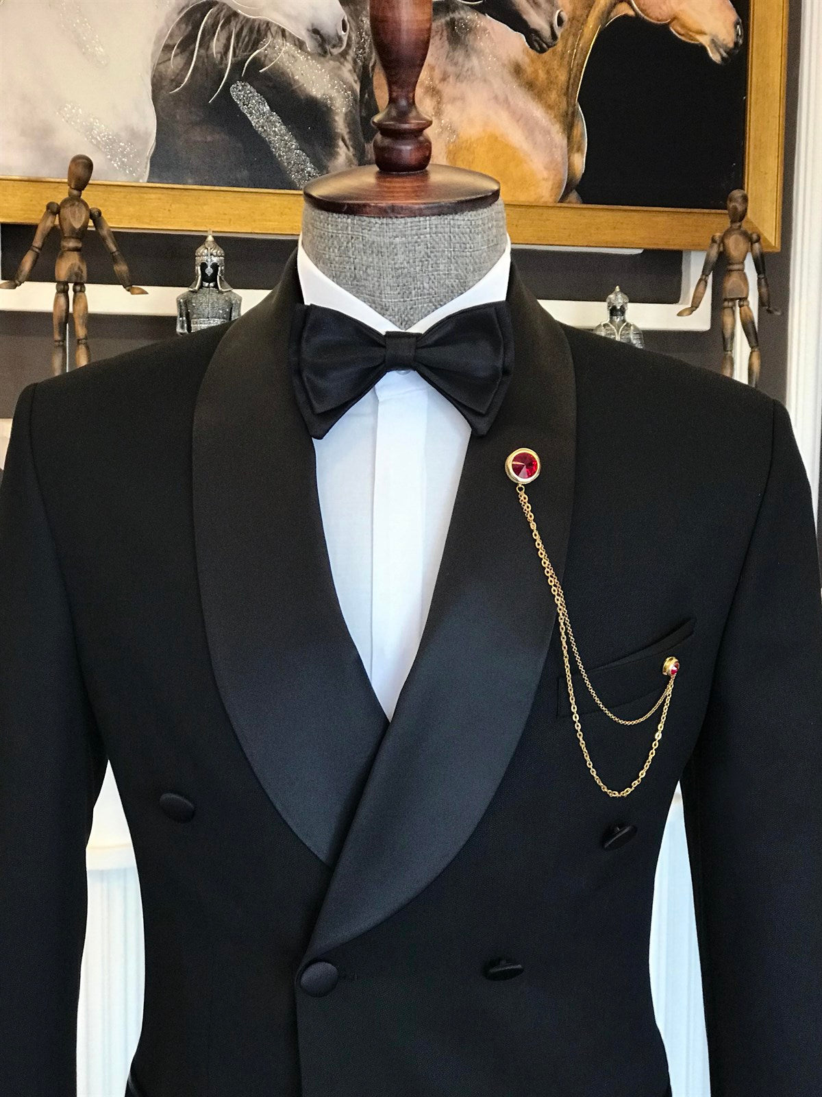 Abner Stylish Black Double Breasted Slim Fit Tailored Men Suit with Shawl Lapel