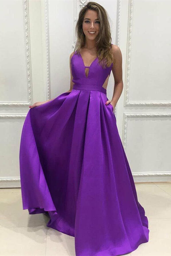 V Neck Purple A-Line Sleeveless Prom Dress with Pockets