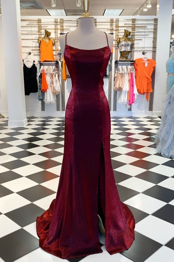 Burgundy Strapless Mermaid Evening Dress with Split Detail
