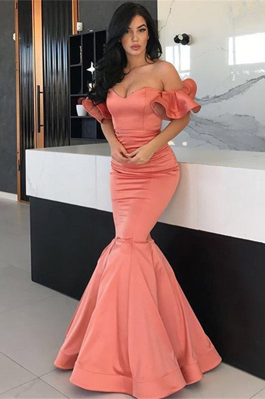 Stunning Off-the-Shoulder Long Mermaid Prom Dress in Coral