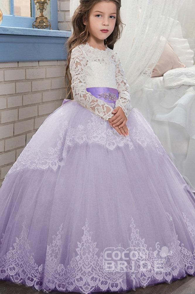 Lace-Trimmed Purple Ball Gown for Girls with Long Sleeves & Scoop Neck