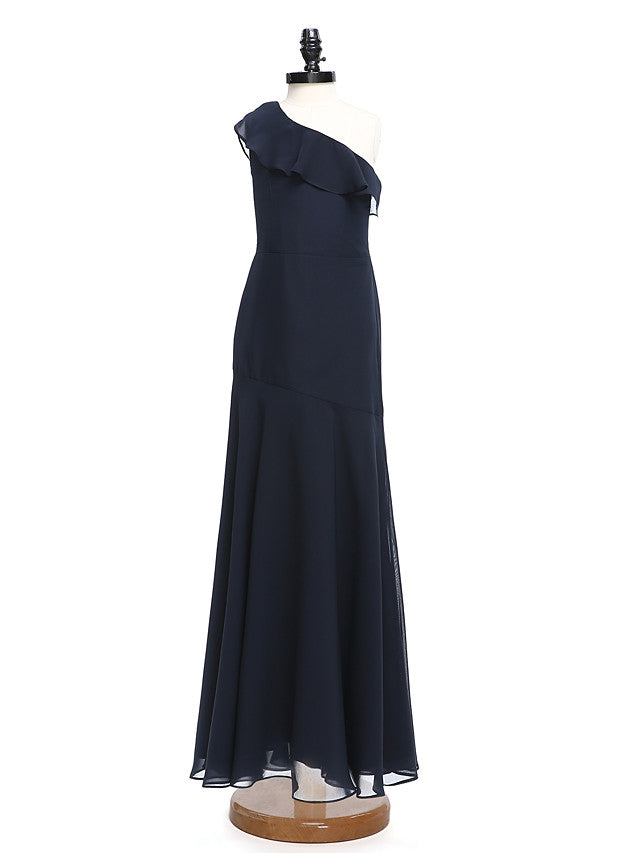 A-Line One Shoulder Floor Length Chiffon Junior Bridesmaid Dress with Ruffles for Natural Look