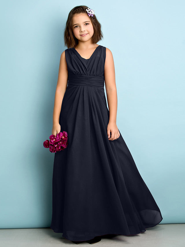 A-Line V Neck Chiffon Flower Girl Dress - Floor Length With Criss Cross Natural Mini Me