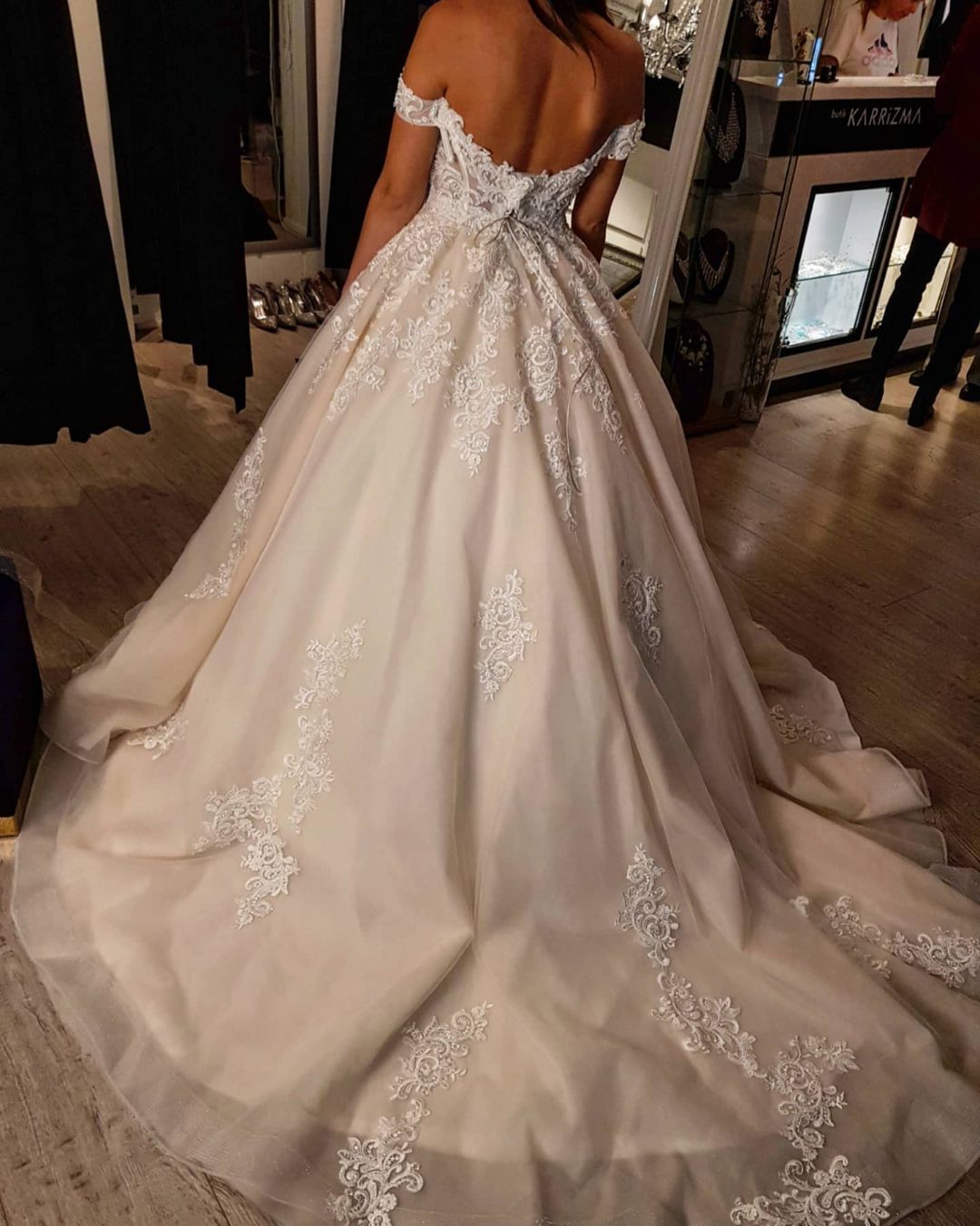 Modest Off-The-Shoulder Tulle Princess Wedding Dress with Lace