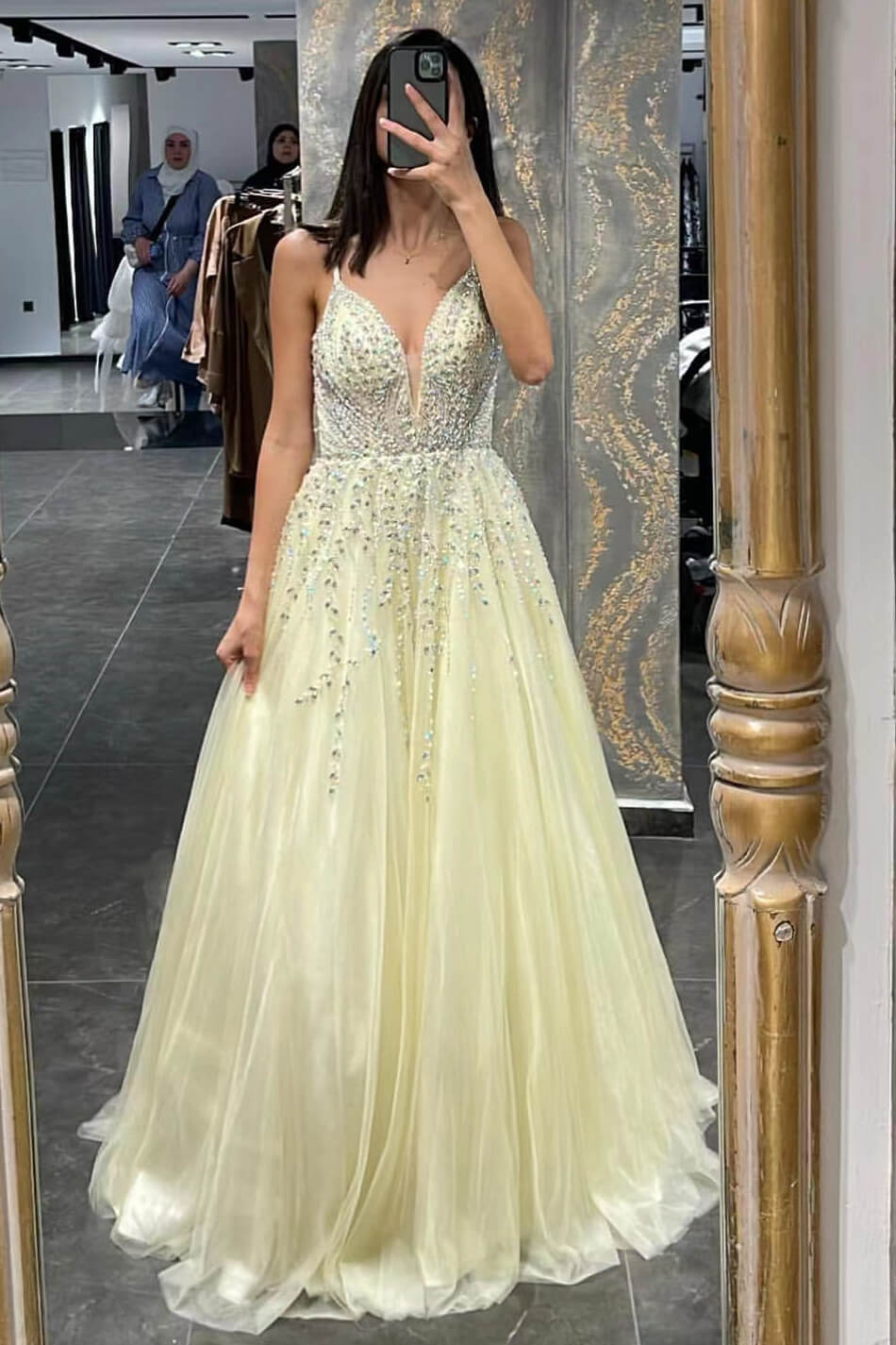 Glamorous Daffodil Tulle A-Line Prom Dress With Beadings