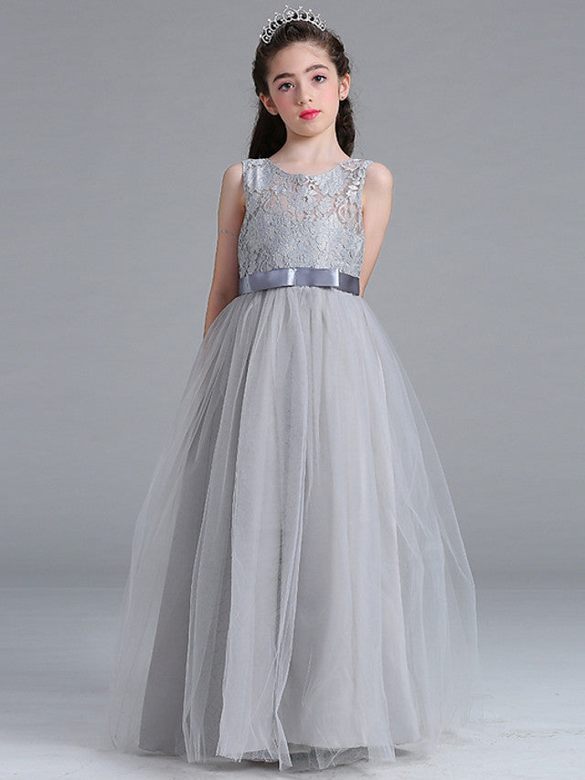 Sleeveless A-Line Round Floor Length Flower Girl Dress with Lace