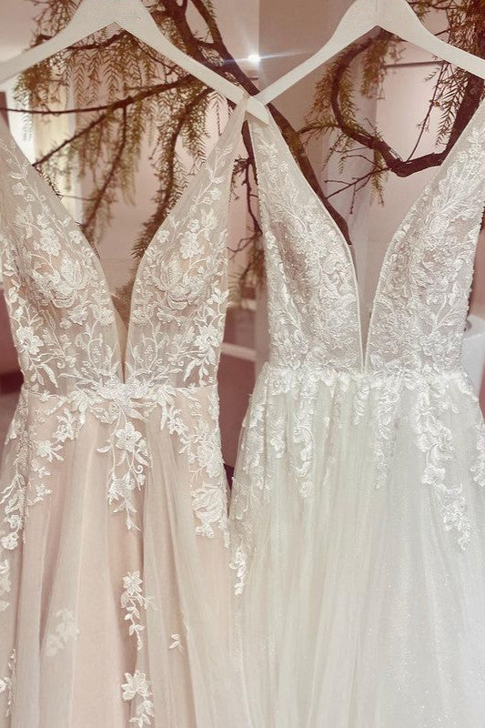 Modest A-line V-neck Backless Wedding Dress With Tulle Lace
