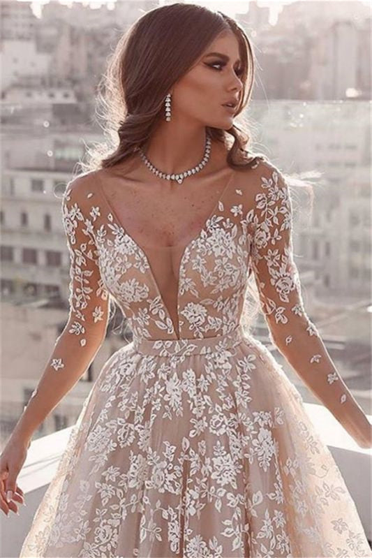 A-Line Long Sleeves Tulle Lace Appliques Wedding Dress