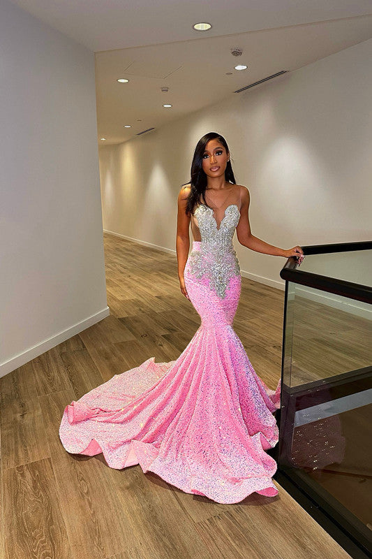 Glamorous Silver and Pink V-Neck Mermaid Prom Dress with Sleeveless Leaky Back