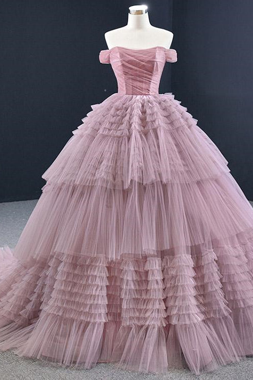 On Sale! Lotus Ball Grown Tulle Prom Dress With Strapless Off-The-Shoulder Layered Design