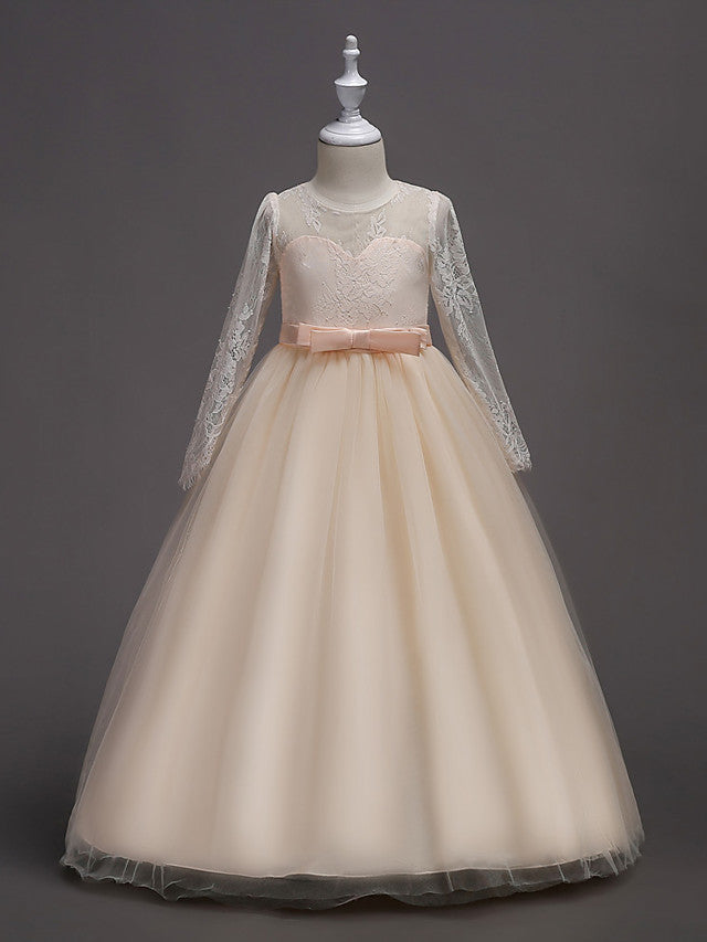 Long Sleeve Jewel Neck Lace Satin Tulle Flower Girl Dress with Lace Belt