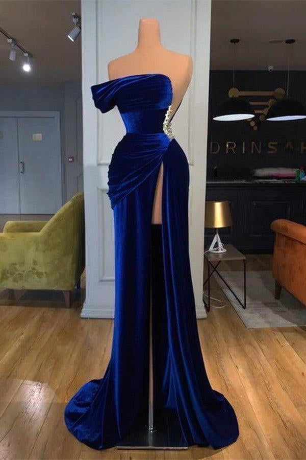 One Shoulder Dark Blue Mermaid Prom Dress with Beads and Long Split