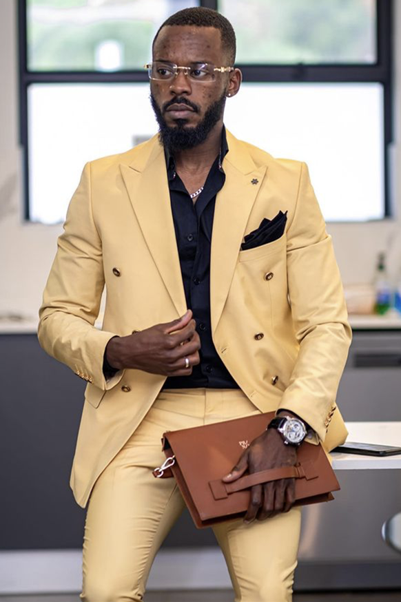 Glamorous Yandel Yellow Peaked Lapel Groom Suits with Double Breasted