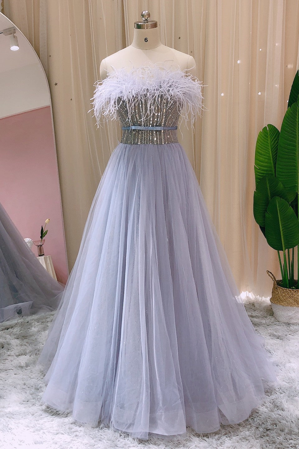 A Line Strapless Prom Dress with Tulle and Feathers Appliques - Amazing!