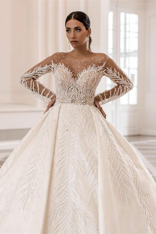 Gorgeous Long Sleeves Satin Wedding Dress with Crystal Pearl