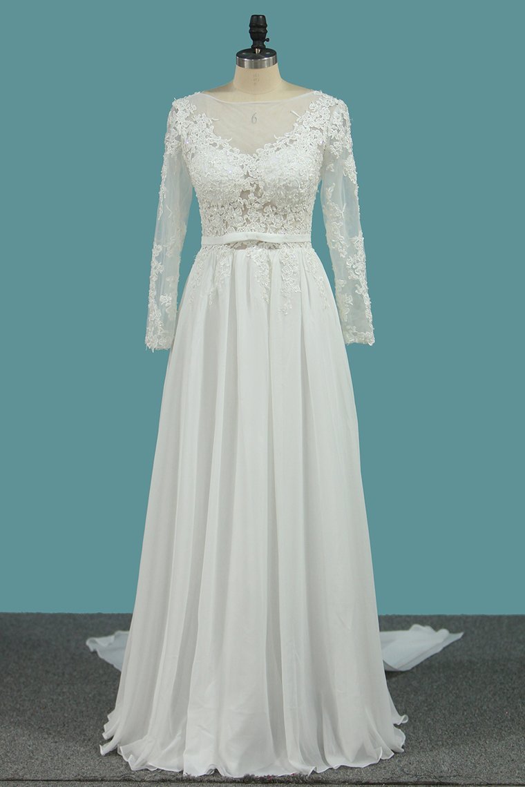 Long Sleeves Chiffon A-Line Floor-length Wedding Dress with Ruffles