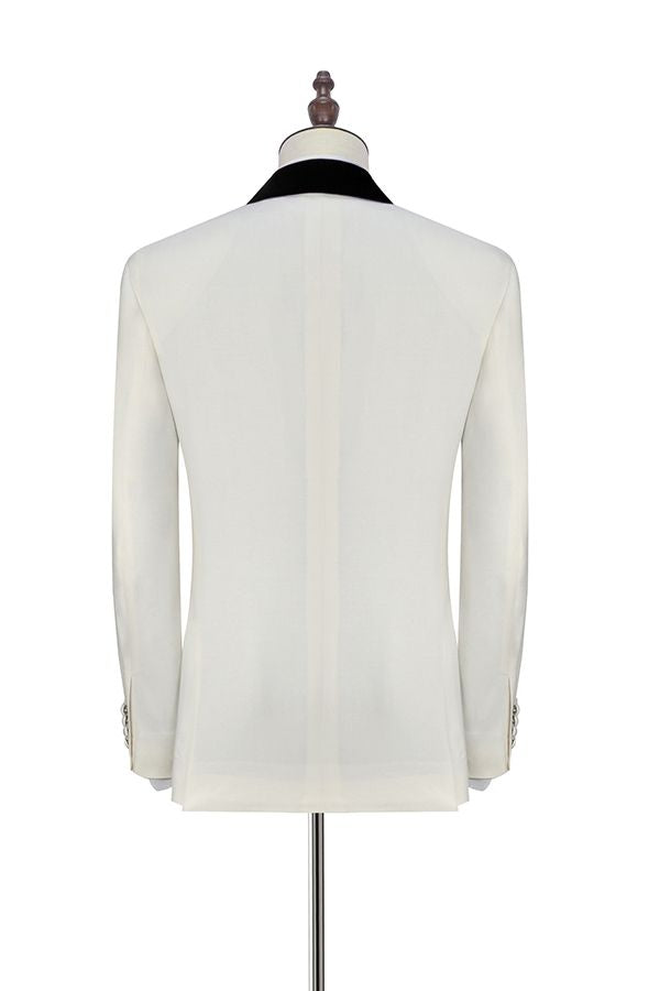 One Button White Wedding Tuxedos for Men with Black Knife Collar Classic Look
