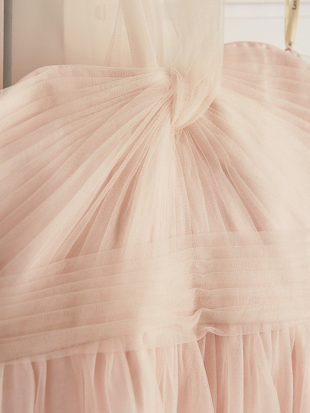 A-Line Halter Neck Floor Length Tulle Junior Bridesmaid Dress with Ruching