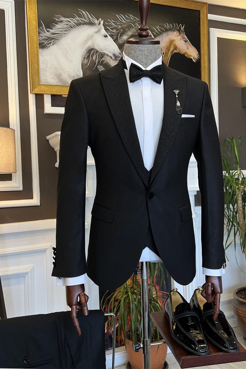 Chic Black Sparkle Peaked Lapel Three Pieces Wedding Men Suits by Carlton