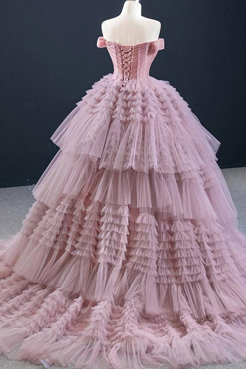 On Sale! Lotus Ball Grown Tulle Prom Dress With Strapless Off-The-Shoulder Layered Design