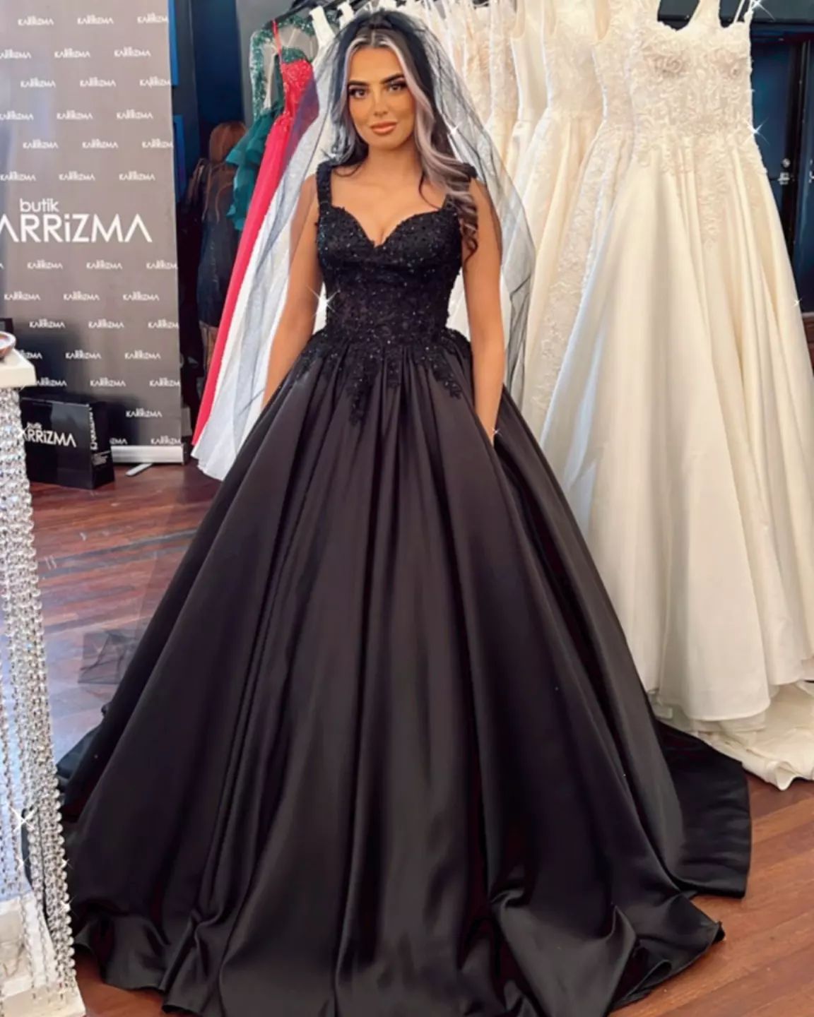 Ruffle Satin Ball Gown Wedding Dress with Wide Straps - Black Sweetheart