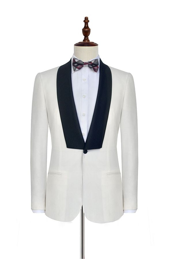 One Button White Wedding Tuxedos for Men with Black Knife Collar Classic Look
