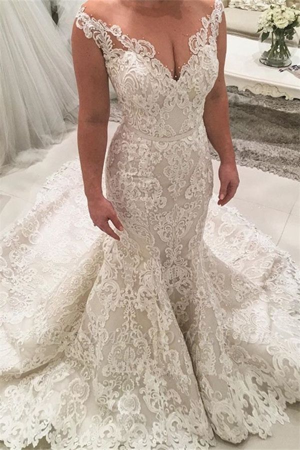 Mermaid Prom Dress with Appliques Lace - Sexy Deep V-neck Spaghetti-Straps Floor-length
