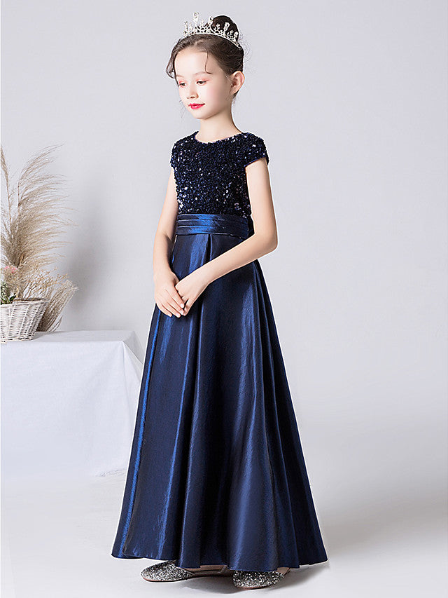 Column Cap Sleeve Jewel Neck Flower Girl Dress with Satin Pleats and Sequins